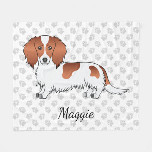 Rode Bont Langharige Dachshond Cartoonhond & Naam Fleece Deken