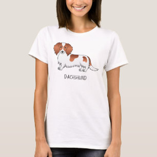 Rode Bonte Langharige Dachshond Cartoonhond & Teks T-shirt