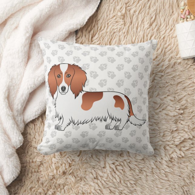 Rode bonte langharige tekening van Dachshond & poo Kussen (Deken)