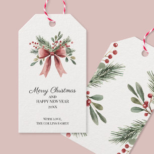 Rode Boog Aquarel Groene Hulstbessen Kerstmis Cadeaulabel