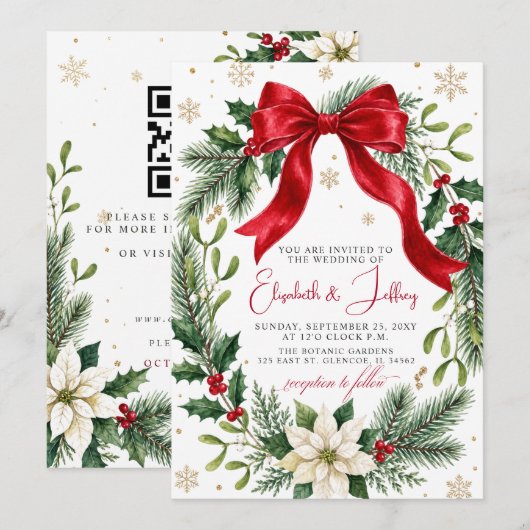 Rode Boog Bloem Kerst Krans QR Code Bruiloft Kaart (Voorkant / Achterkant)