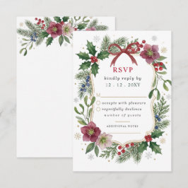 Rode Boog Botanische Bloemige Winter Kerst Huwelij RSVP Kaartje