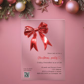 Rode boog duidelijke QR code Kerstfeest Acryl Uitnodigingen