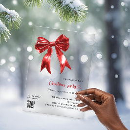 Rode boog duidelijke QR code Kerstfeest Acryl Uitnodigingen