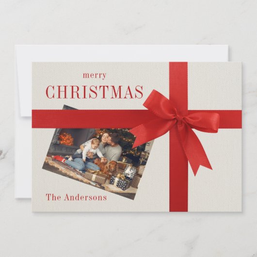 Rode boog familie foto geruite kerstkaart (Voorkant)