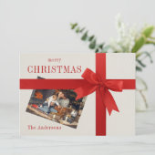 Rode boog familie foto geruite kerstkaart (Staand voorkant)