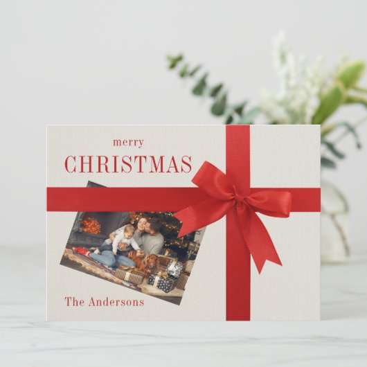 Rode boog familie foto geruite kerstkaart (Staand voorkant)