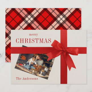 Rode boog familie foto geruite kerstkaart