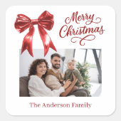 Rode boog foto wit script Kerstmis Vierkante Sticker (Voorkant)