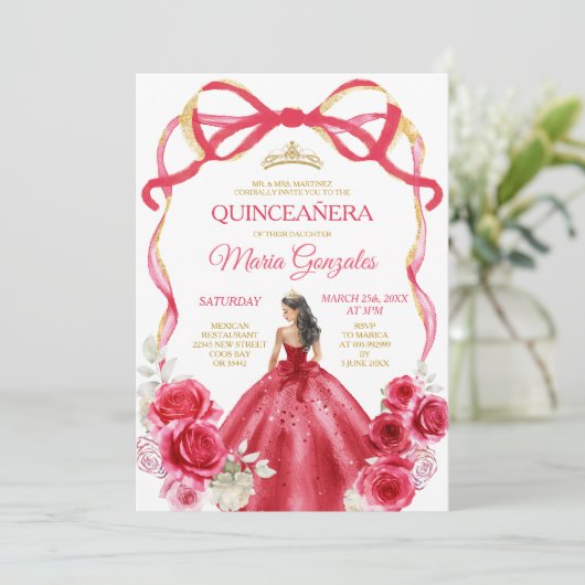 Rode Boog Frame Prinses Gouden Kroon Meisje Quince Kaart (Staand voorkant)