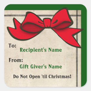 Rode boog (gepersonaliseerd) naar-van Kerst sticke Vierkante Sticker