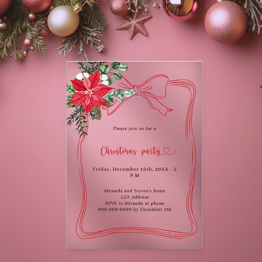 Rode boog goud poinsettia Kerstfeest bevroren Acryl Uitnodigingen