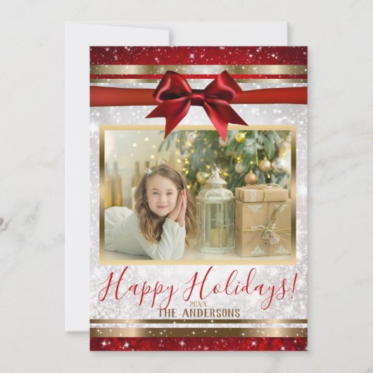 Rode Boog Goud Witte Glitter Kerst Foto Kaart (Voorkant)