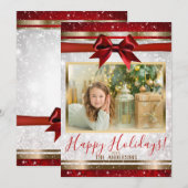 Rode Boog Goud Witte Glitter Kerst Foto Kaart (Voorkant / Achterkant)