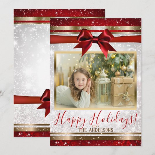 Rode Boog Goud Witte Glitter Kerst Foto Kaart (Voorkant / Achterkant)
