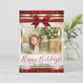 Rode Boog Goud Witte Glitter Kerst Foto Kaart (Staand voorkant)