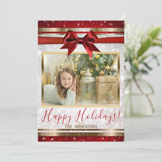 Rode Boog Goud Witte Glitter Kerst Foto Kaart (Staand voorkant)