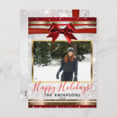 Rode Boog Goud Witte Glitter Kerst Foto Kaart (Voorkant / Achterkant)