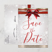Rode Boog & Goud Witte Glitter Kerst Sla de Datum  Aankondigingskaart (Voorkant / Achterkant)