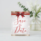 Rode Boog & Goud Witte Glitter Kerst Sla de Datum  Aankondigingskaart (Staand voorkant)