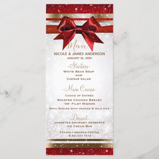 Rode Boog & Goud Witte Glitter Kerstfeest Menu (Voorkant)