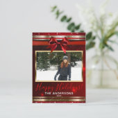 Rode Boog Gouden Glam Glitter Kerst Foto Kaart (Staand voorkant)