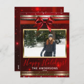 Rode Boog Gouden Glam Glitter Kerst Foto Kaart (Voorkant / Achterkant)
