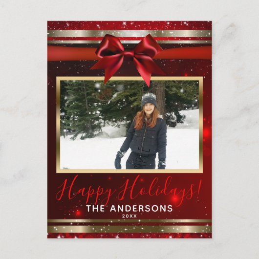 Rode Boog Gouden Glam Glitter Kerst Foto Kaart (Voorkant)