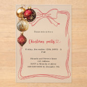 Rode boog gouden kerstballen kerstfeest bevroren acryl uitnodigingen (Voorkant)