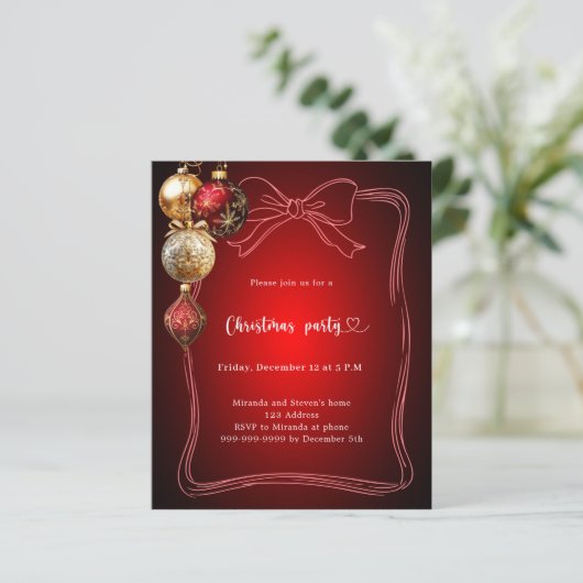 Rode boog gouden kerstballen Uitnodiging kerstfees (Staand voorkant)