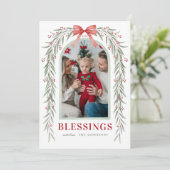 Rode Boog Groene Boog Zegeningen Kerst Foto Feestdagenkaart (Staand voorkant)