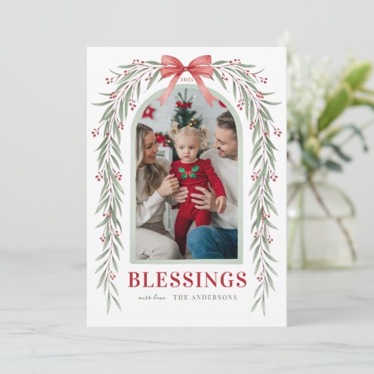 Rode Boog Groene Boog Zegeningen Kerst Foto Feestdagenkaart (Staand voorkant)