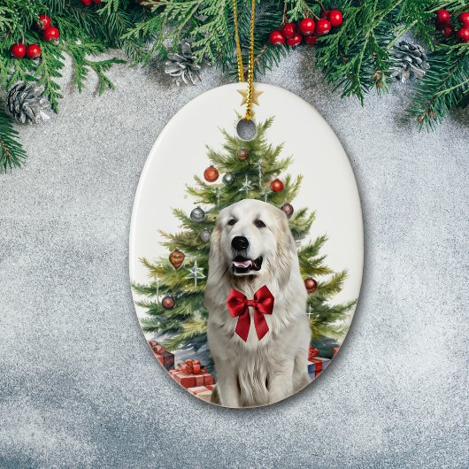 Rode Boog Grote Pyreneeën Hond Kerstmis Keramisch Ornament