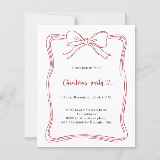 Rode boog handgetekende kerstfeest uitnodiging (Voorkant)