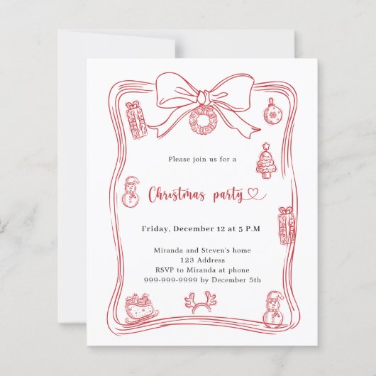 Rode boog handgetekende kerstfeest uitnodiging (Voorkant)