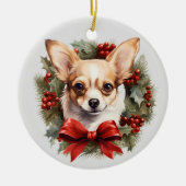 Rode boog Holly krans Chihuahua hond Keramisch Ornament (Voorkant)