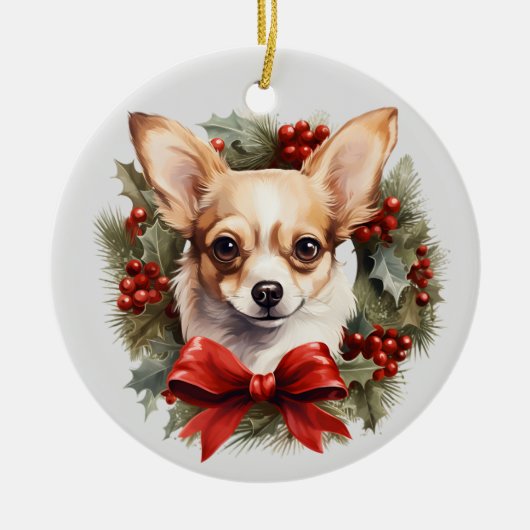 Rode boog Holly krans Chihuahua hond Keramisch Ornament (Voorkant)