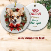 Rode boog Holly krans Chihuahua hond Keramisch Ornament