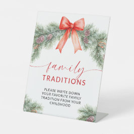 Rode Boog Kerst Favoriete Familietradities Spel Reclamebord Met Voetstuk