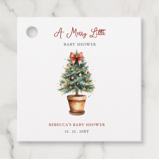 Rode boog kerstboom vrolijk klein Baby shower Bedankjes Labels (Voorkant)