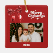Rode boog kerstfoto keramisch ornament (Voorkant)