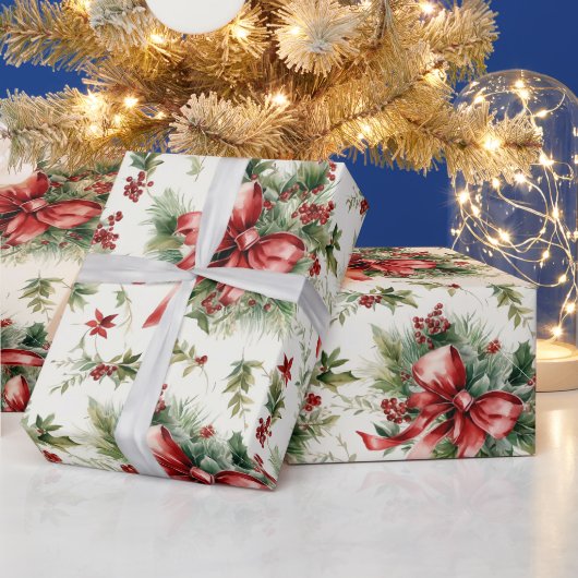 Rode boog op vakantie greens cadeaupapier (Feestdagen)