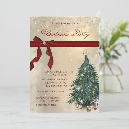 Rode boog, pijnboom, sterren Corporate Christmas P Kaart (Staand voorkant)