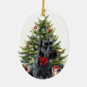 Rode boog reus Schnauzer hond Kerstmis Keramisch Ornament (Voorkant)