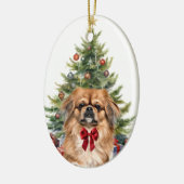 Rode boog Schattig Pekingese Hondenkerst Keramisch Ornament (Links)