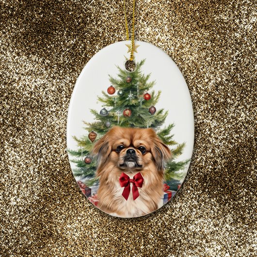 Rode boog Schattig Pekingese Hondenkerst Keramisch Ornament