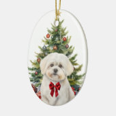 Rode boog Schattige Maltese hondenkerst Keramisch Ornament (Links)