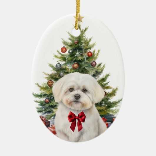 Rode boog Schattige Maltese hondenkerst Keramisch Ornament (Voorkant)
