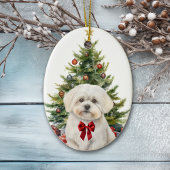 Rode boog Schattige Maltese hondenkerst Keramisch Ornament