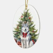 Rode Boog Siberische Husky Kerstmis Keramisch Ornament (Links)